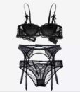 Plus size women sexy bra set intimates embroidery half cup lingerie thin temptation black white bra and panty with Garters Sets 1