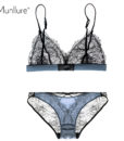 Munllure Ultra-thin sexy lace bra set eyelash lace transparent thin wireless triangle bra and pantiles set women underwear set 5